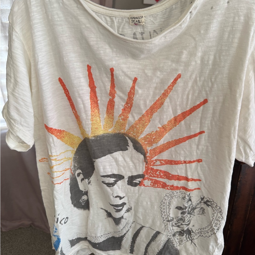 Magnolia Pearl White Graphic Tee with Orange and Black Accents